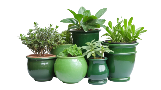 Green potted plants arranged together on a black background.