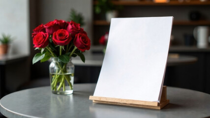 On a gray table there is a sheet of white template paper on a stand, next to it there is a vase with red roses, a blurred cafe background.