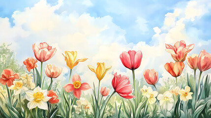 Fototapeta premium Vibrant Wildflowers Blooming in a Peaceful Meadow, Capturing the Colorful and Serene Beauty of Spring Under a Bright Blue Sky in an Impressionistic Landscape