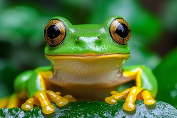 Wallace's flying frog resting on a leaf in the rainforest