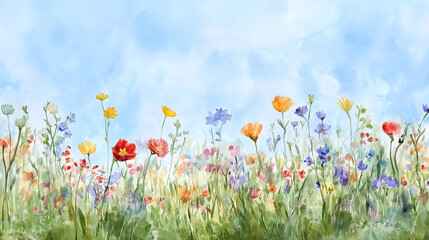 Obraz premium Vibrant Wildflowers Blooming in a Peaceful Meadow, Capturing the Colorful and Serene Beauty of Spring Under a Bright Blue Sky in an Impressionistic Landscape