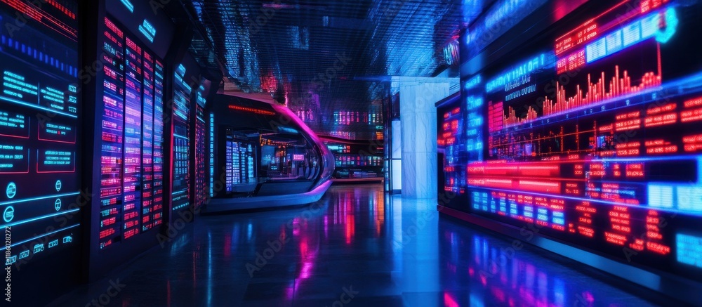 Poster futuristic data center with glowing screens displaying information.