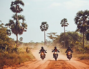 Fototapeta premium Several men are exploring a dirt road in Cambodia aboard their adventure motorbikes