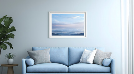 Cozy Living Room with Elegant Sofa, Blue Decor, and Nature Landscape Wall Art, Creating a Tranquil and Stylish Scandinavian-Inspired Home Interior