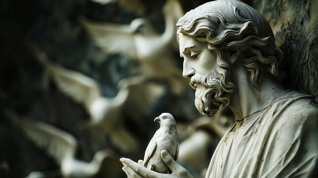 A statue of Jesus holding a dove among other sculptures, symbolizing peace, faith, and unity in an artistic and sacred arrangement.