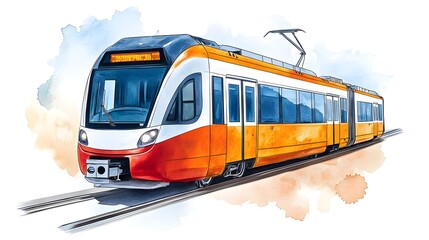 Vibrant Illustration of a Modern Orange and White Train on Tracks with a Watercolor Background
