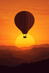 Fototapeta premium A serene sunset with a silhouette of a hot air balloon above rolling mountains.
