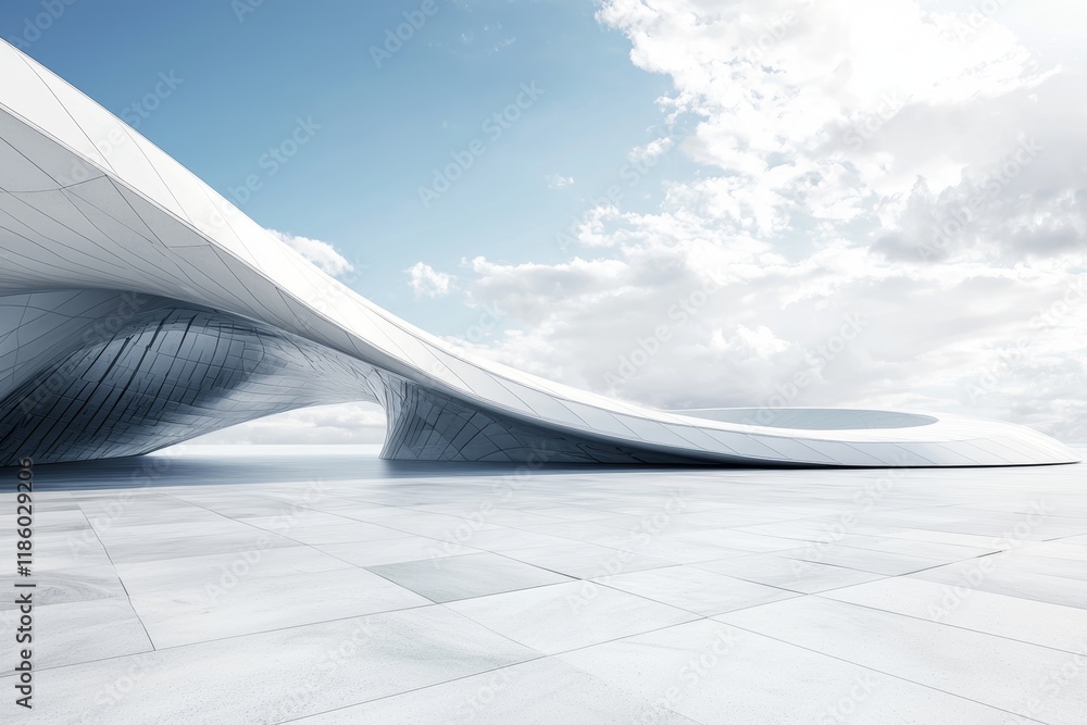 Poster 3d visualization of a futuristic architectural setting with an empty concrete floor, accompanied by 