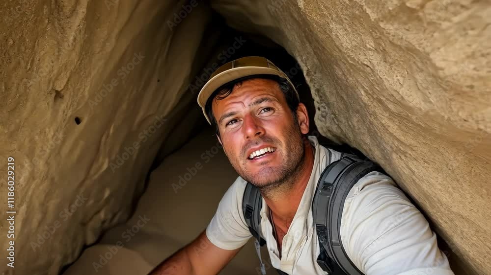 Poster man with a hat and backpack is looking into a cave. the cave is dark and the man is trying to see wh