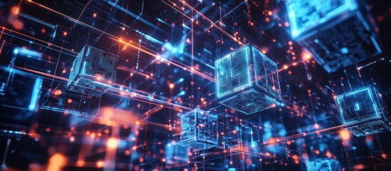 Abstract digital network with glowing cubes.