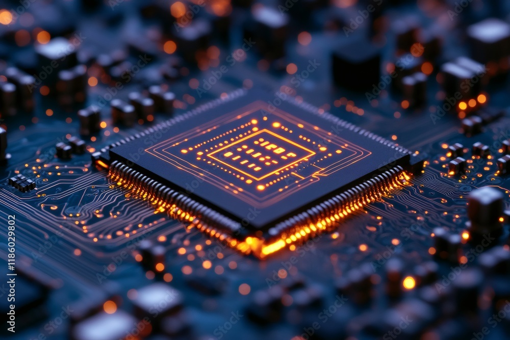 Aufkleber cpu processing data on motherboard with orange lights glowing