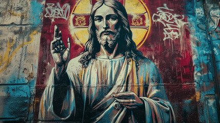 Graffiti of Jesus on a city wall, conveying love, peace, and solidarity. An artistic expression of faith and values in a modern urban context.