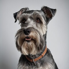 A schnauzer with a groomed beard on a white backdrop.
