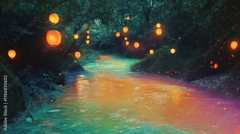 Poster enchanting river path illuminated by glowing lanterns at night.