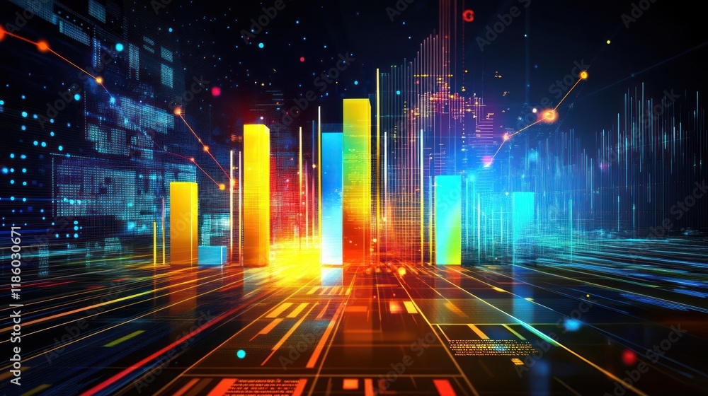 Aufkleber abstract digital cityscape with vibrant bar graphs representing data growth and technological advanc