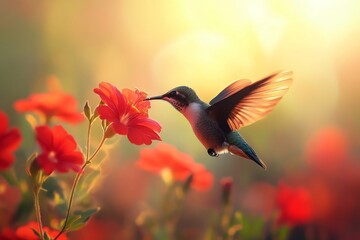 Naklejka premium Hummingbird flying and drinking nectar from red flower in spring garden