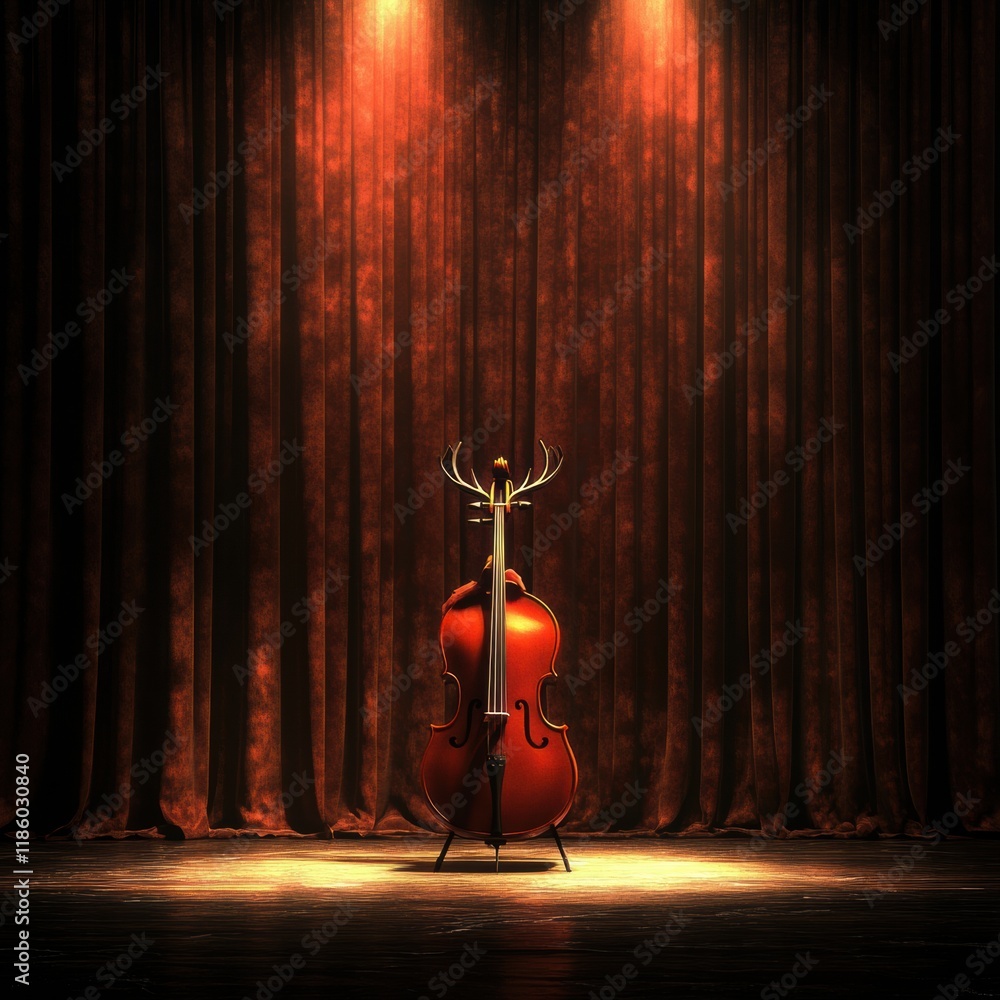 Aufkleber deer plays cello on stage surrounded by warm lights and elegant curtains in a captivating musical pe