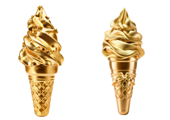 Golden ice cream cone with soft serve on white background. created with Generative AI technology