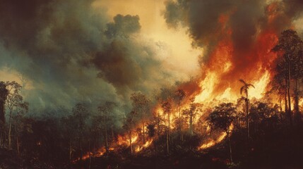Obraz premium A wide-angle view of a forest fire consuming a lush forest, with vibrant flames and smoke dominating the once-green landscape