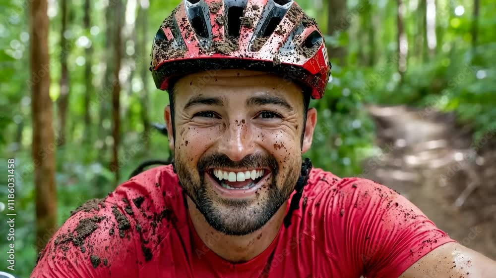 Poster man with a red helmet and a red shirt is smiling. he is wearing a helmet and is smiling