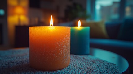 Two lit candles on a table, warm, cozy living room ambiance.