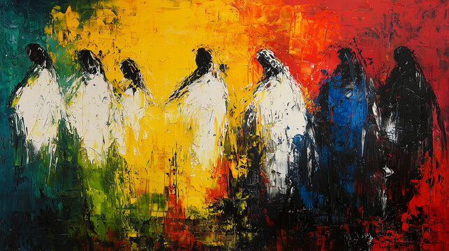 The Beatitudes expressed through abstract expressionism, using bold colors, dynamic brushstrokes, and expressive forms to convey the deep emotions and spiritual messages of love, humility, and hope