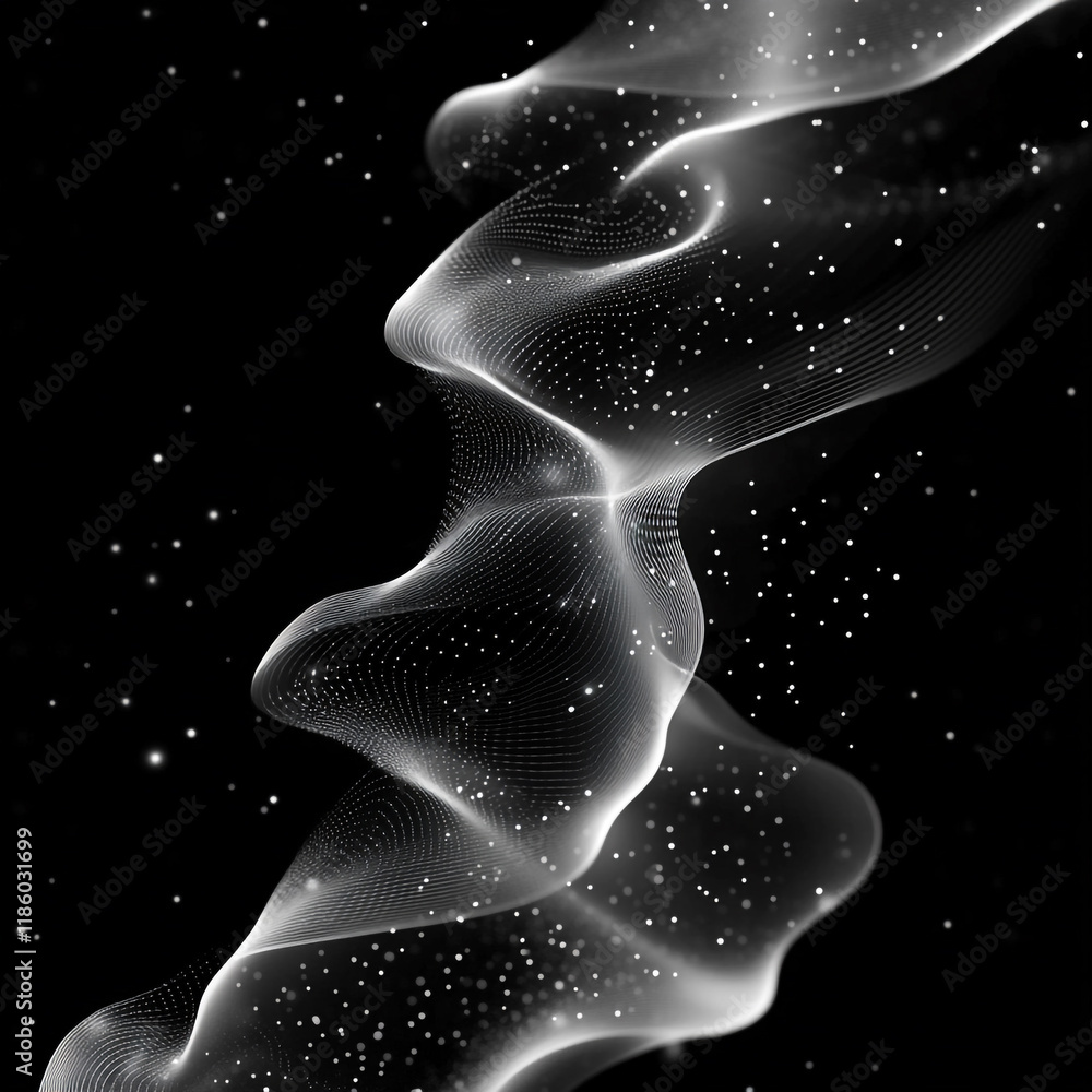 Poster ethereal white waves form a mesmerizing pattern in a dark space filled with stars