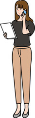 資料を見て電話をする若い女性社員のイラスト