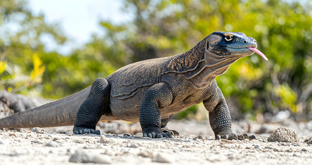 Obraz premium Komodo dragon flicking its tongue while walking in komodo national park