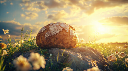 The concept of the Bread of Life depicted through surreal imagery, with bread transforming into various forms, symbolizing nourishment, hope, and spiritual sustenance in a dynamic, transformative way.