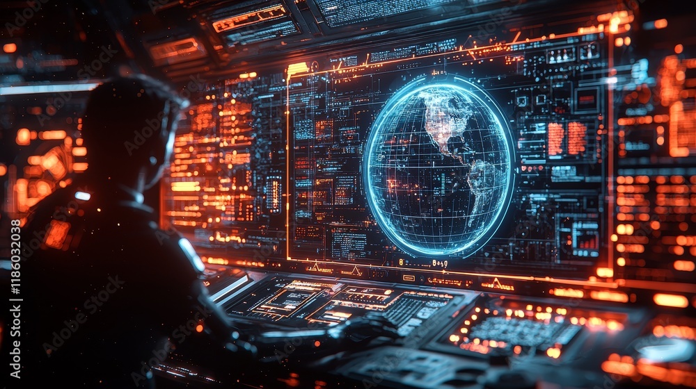 Poster a 3d graphic depicting a futuristic global network and instinctive digital data transfer. this repre