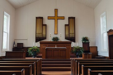 Interior of church showing altar, cross, and organ pipes
