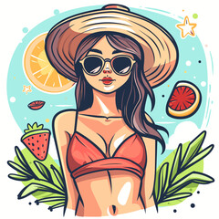 Beautiful woman in bikini and hat on the beach. Vector illustration