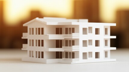 A white architectural model of a multi-story building, showcasing clean lines and modern design against a soft background.