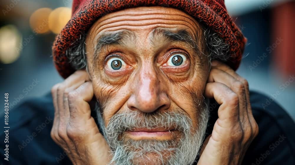 Aufkleber man with a red hat and beard is looking at the camera with a surprised expression. he is wearing a b
