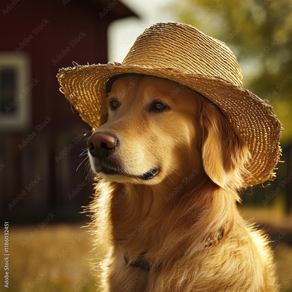 Poster dog wearing a straw hat enjoys a sunny day on a rustic farm with fields and a red barn in the backgr