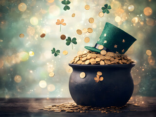Black pot full of gold coins, leprechaun hat and shamrock leaves on magic forest for st. patrick's day holiday. Fantasy fairy tail background. Symbol of luck. Design card, invitation, banner 