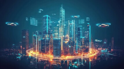 Fototapeta premium Futuristic smart city with drones and digital data.