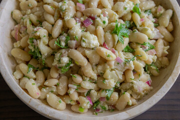 White Bean Salad with Feta Cheese in a Bowl Close-Up