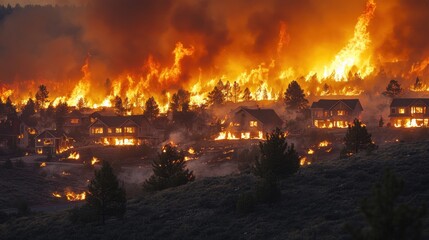 Intense wildfire burning down multiple houses, with bright flames and thick smoke clouds creating a dramatic and destructive scene