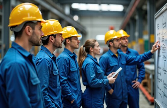 Male, female factory workers gathered in meeting room. Wearing safety helmets, blue uniforms. Workers looking at whiteboard with diagrams, plans for business. Woman pointing to diagram. Look focused,