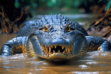 Obraz premium Large american alligator resting in swampy river showing teeth