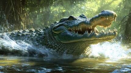 Obraz premium Large crocodile emerging from water in lush tropical swamp