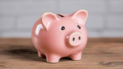 Pink glossy piggy bank on wooden surface. Saving money concept. Finance, business, education. For design, print, flyer. Front view.