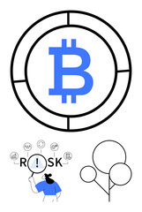 Blue Bitcoin symbol in segmented circle, researcher analyzing Risk with icons, abstract tree diagram. Ideal for cryptocurrency, finance, blockchain, investment, analysis, strategy abstract line flat