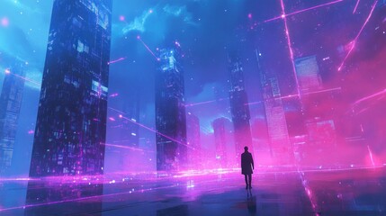 Obraz premium Futuristic city at night, man walking alone.