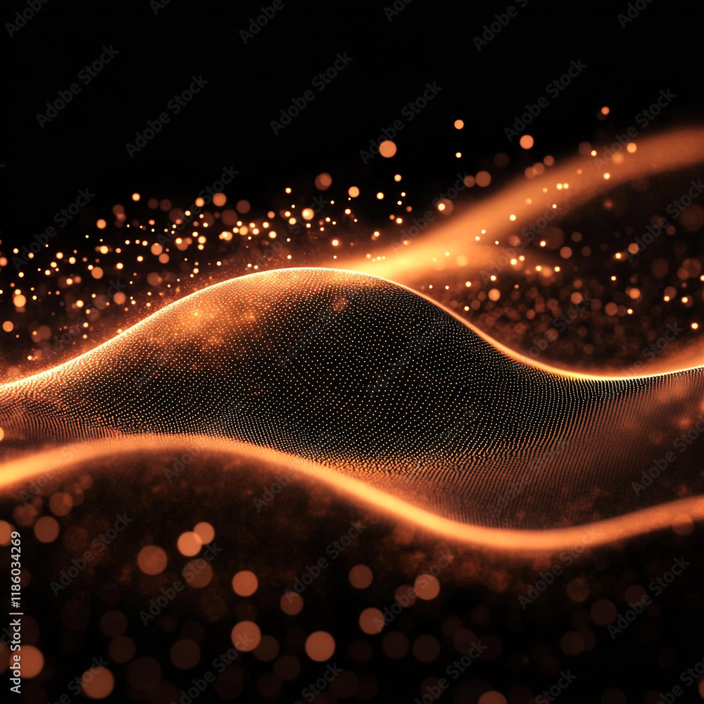 Poster waves of golden light shimmer across a dark background creating a mesmerizing visual effect