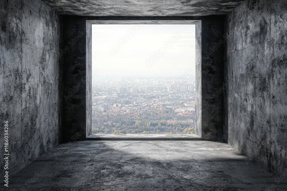 Poster 3d rendering of an empty room characterized by black walls, white concrete floor, and diffused light