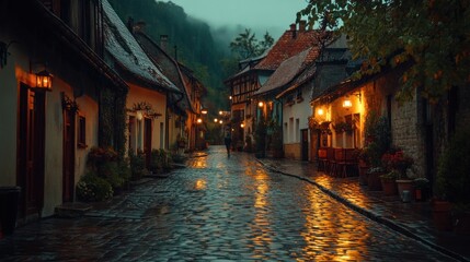 Fototapeta premium Romantic cobblestone street at night, rain reflecting on wet stones, charming old town.