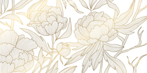 Vector line art golden peonies, japanese style luxury background, royal elegant flowers frame, background, wedding invitation, vintage elements